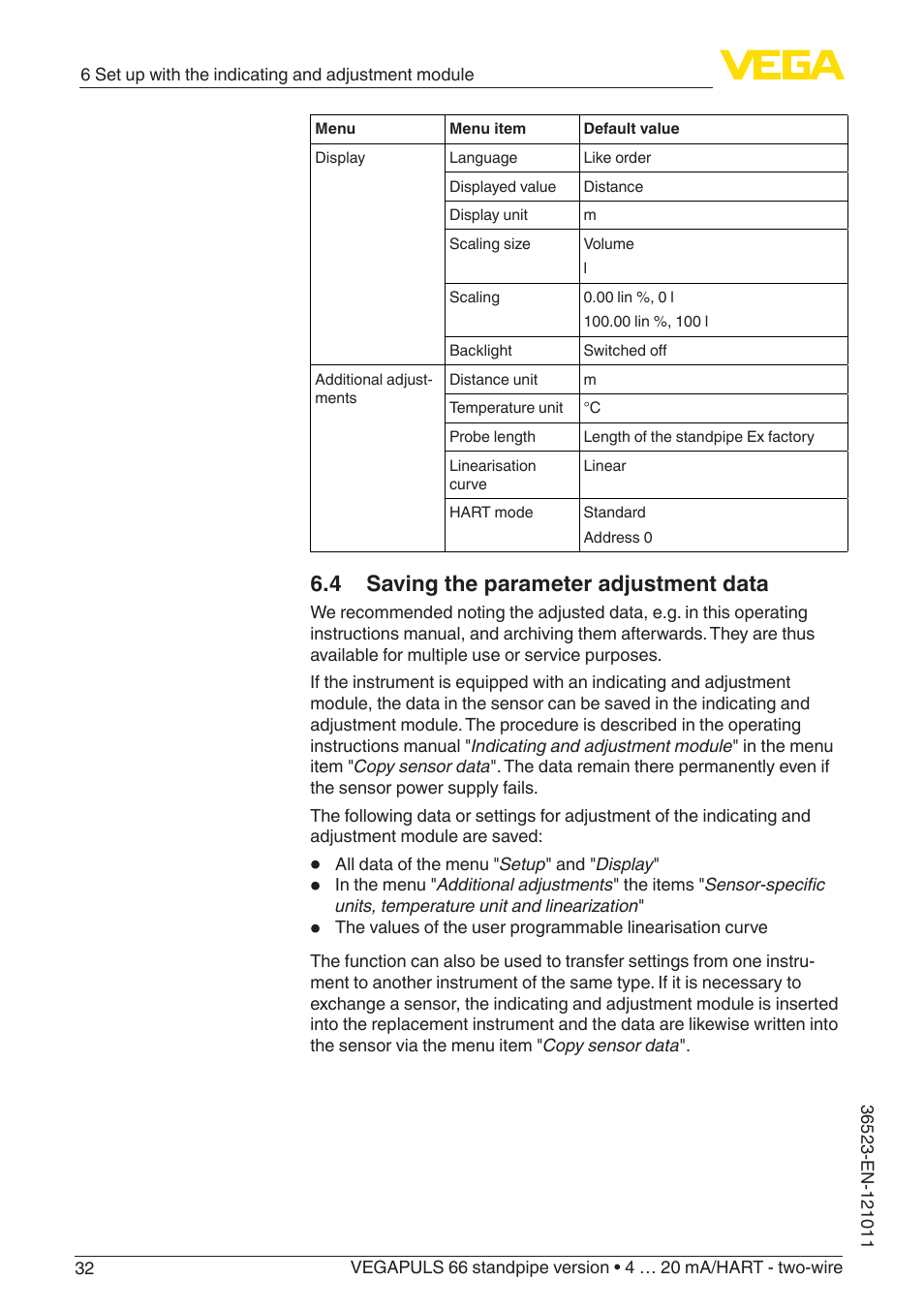 4 saving the parameter adjustment data | VEGA VEGAPULS 66 (≥ 2.0.0 - ≥ 4.0.0) standpipe ver. 4 … 20 mA_HART - two-wire User Manual | Page 32 / 60