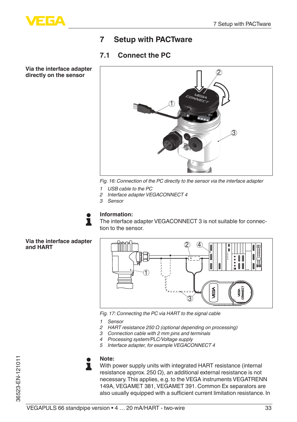 7 setup with pactware, 1 connect the pc | VEGA VEGAPULS 66 (≥ 2.0.0 - ≥ 4.0.0) standpipe ver. 4 … 20 mA_HART - two-wire User Manual | Page 33 / 60