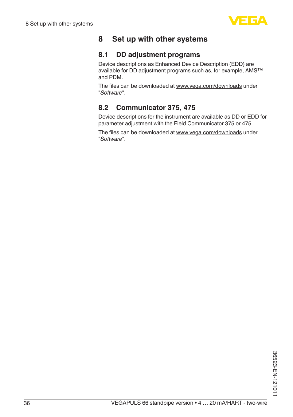8 set up with other systems, 1 dd adjustment programs, 2 communicator 375, 475 | VEGA VEGAPULS 66 (≥ 2.0.0 - ≥ 4.0.0) standpipe ver. 4 … 20 mA_HART - two-wire User Manual | Page 36 / 60