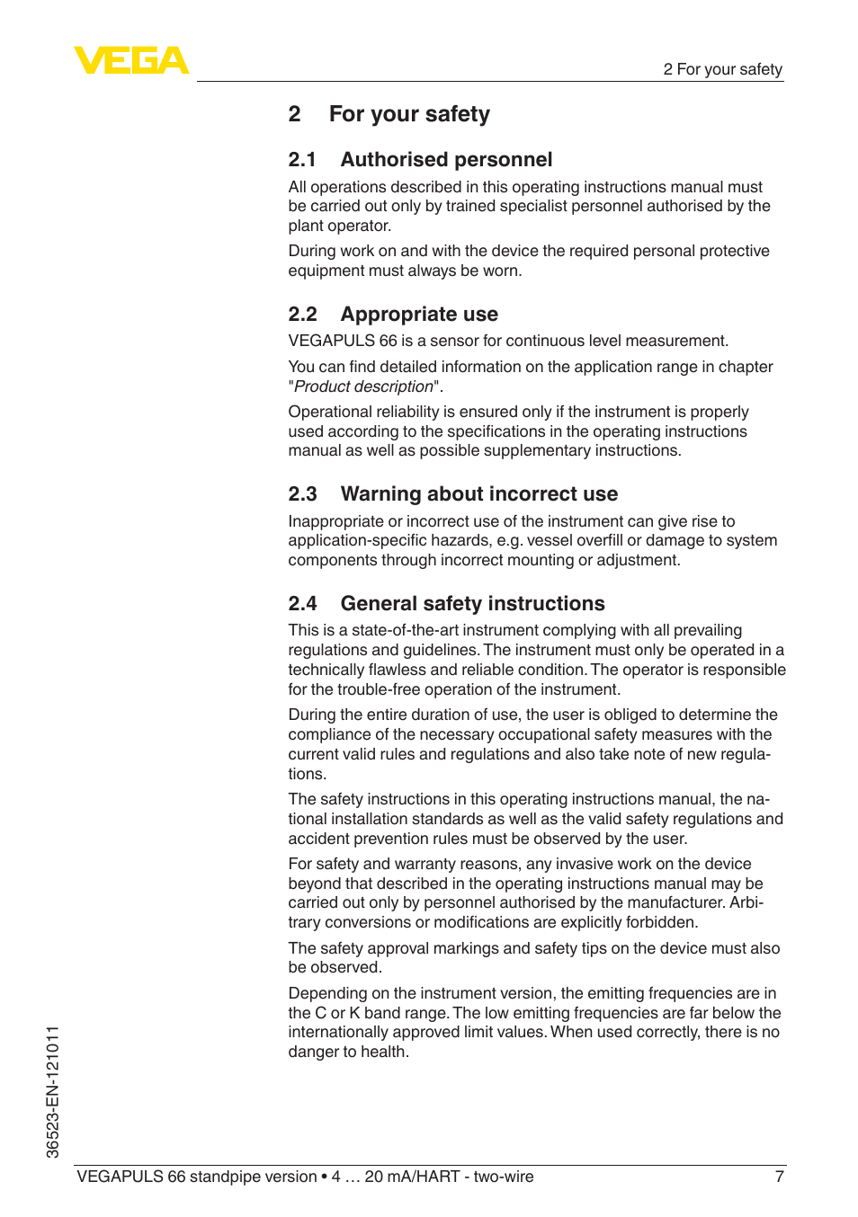 2 for your safety, 1 authorised personnel, 2 appropriate use | 3 warning about incorrect use, 4 general safety instructions | VEGA VEGAPULS 66 (≥ 2.0.0 - ≥ 4.0.0) standpipe ver. 4 … 20 mA_HART - two-wire User Manual | Page 7 / 60