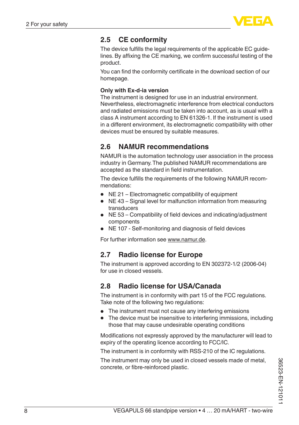 5 ce conformity, 6 namur recommendations, 7 radio license for europe | 8 radio license for usa/canada | VEGA VEGAPULS 66 (≥ 2.0.0 - ≥ 4.0.0) standpipe ver. 4 … 20 mA_HART - two-wire User Manual | Page 8 / 60
