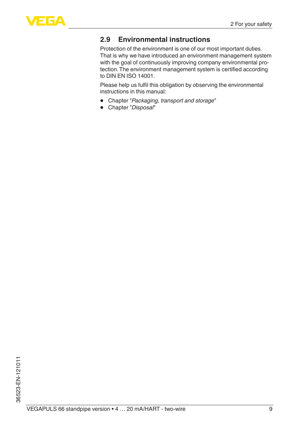 9 environmental instructions | VEGA VEGAPULS 66 (≥ 2.0.0 - ≥ 4.0.0) standpipe ver. 4 … 20 mA_HART - two-wire User Manual | Page 9 / 60