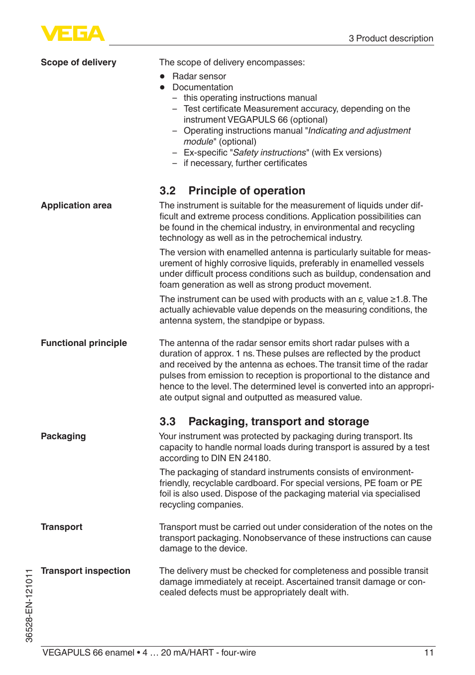 2 principle of operation, 3 packaging, transport and storage | VEGA VEGAPULS 66 (≥ 2.0.0 - ≥ 4.0.0) enamel 4 … 20 mA_HART - four-wire User Manual | Page 11 / 68