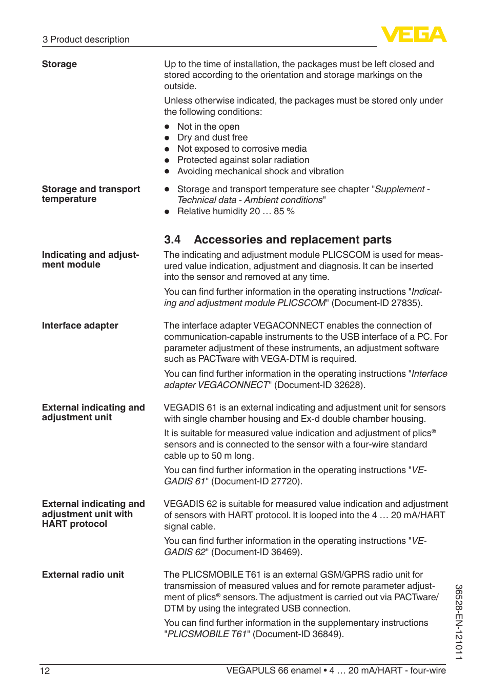 4 accessories and replacement parts | VEGA VEGAPULS 66 (≥ 2.0.0 - ≥ 4.0.0) enamel 4 … 20 mA_HART - four-wire User Manual | Page 12 / 68