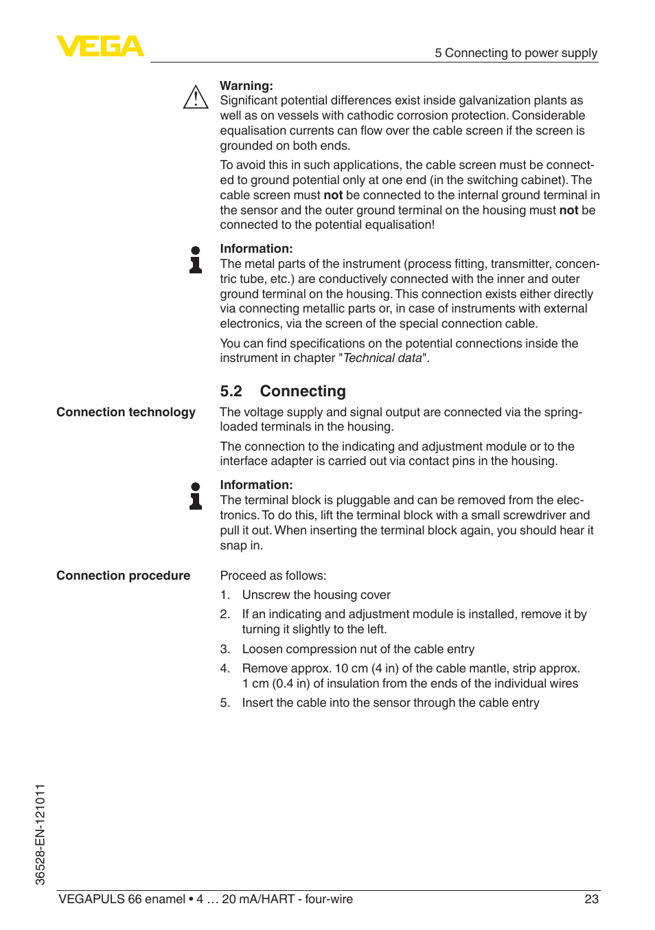 2 connecting | VEGA VEGAPULS 66 (≥ 2.0.0 - ≥ 4.0.0) enamel 4 … 20 mA_HART - four-wire User Manual | Page 23 / 68
