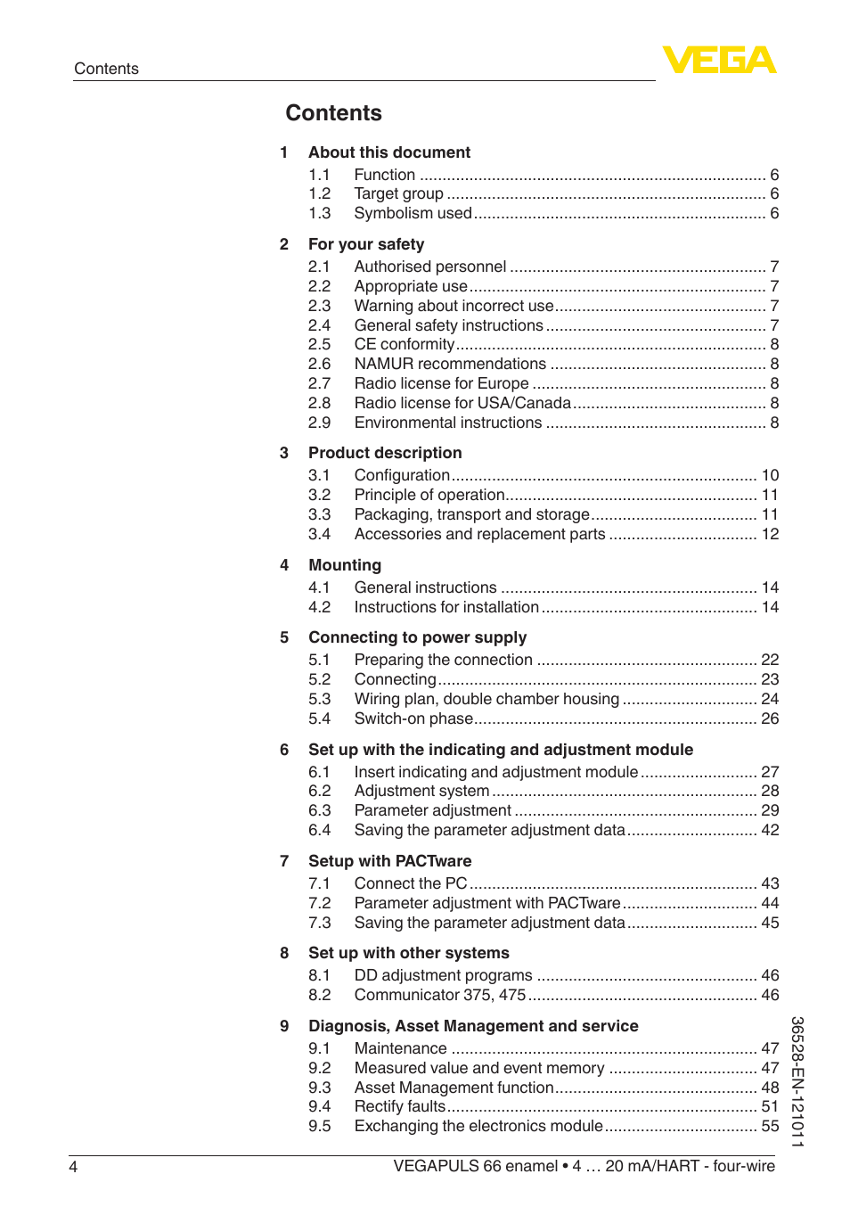 VEGA VEGAPULS 66 (≥ 2.0.0 - ≥ 4.0.0) enamel 4 … 20 mA_HART - four-wire User Manual | Page 4 / 68