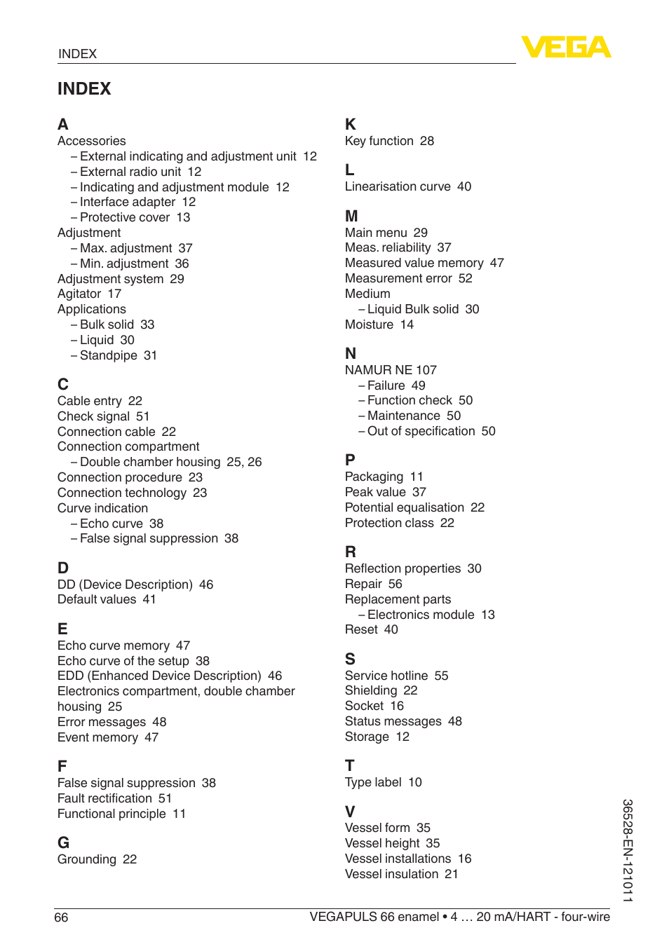 Index | VEGA VEGAPULS 66 (≥ 2.0.0 - ≥ 4.0.0) enamel 4 … 20 mA_HART - four-wire User Manual | Page 66 / 68