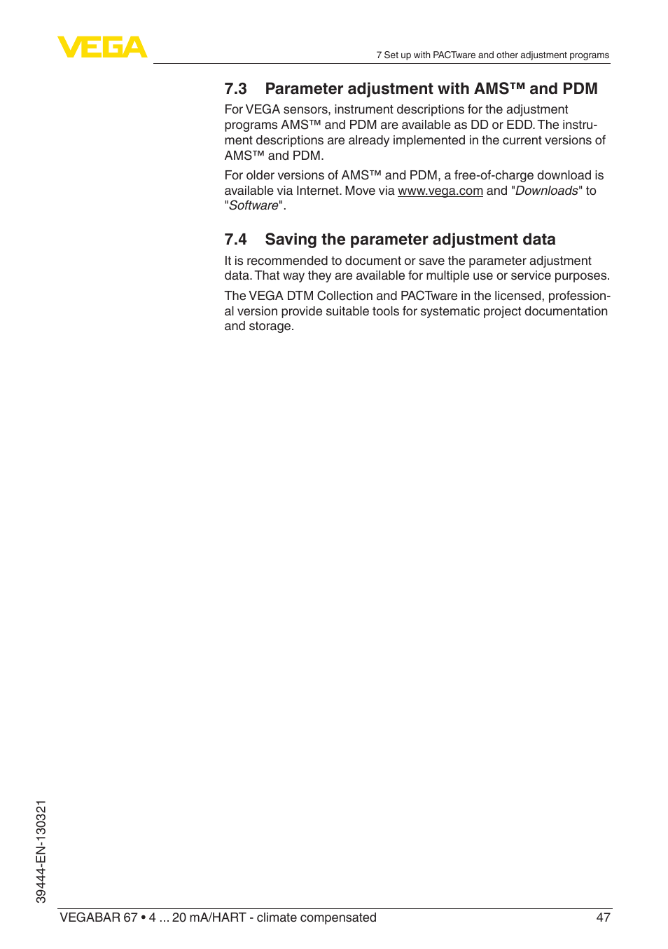 3 parameter adjustment with ams™ and pdm, 4 saving the parameter adjustment data | VEGA VEGABAR 67 4 … 20 mA_HART - climate compensated User Manual | Page 47 / 72