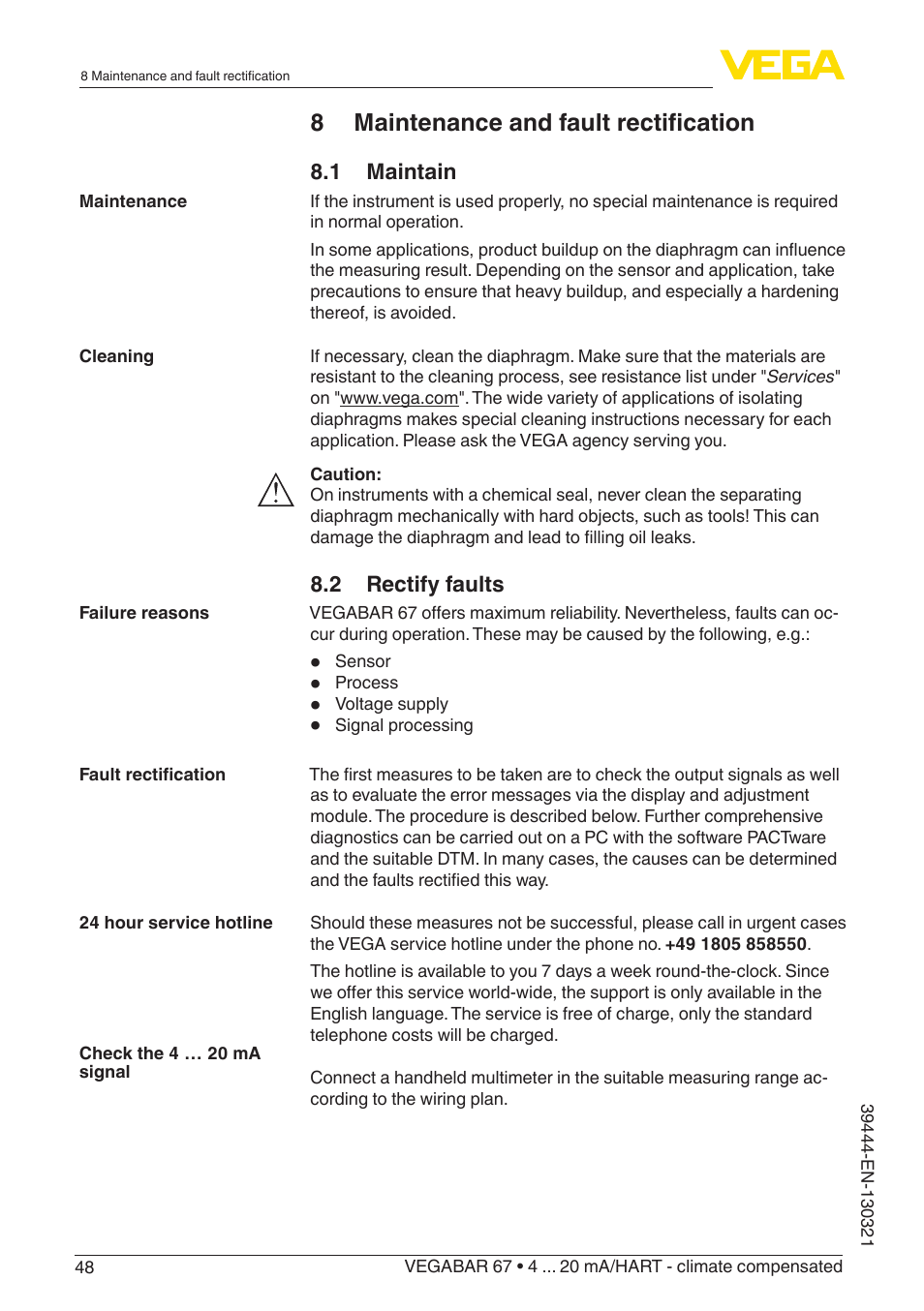 8 maintenance and fault rectification | VEGA VEGABAR 67 4 … 20 mA_HART - climate compensated User Manual | Page 48 / 72