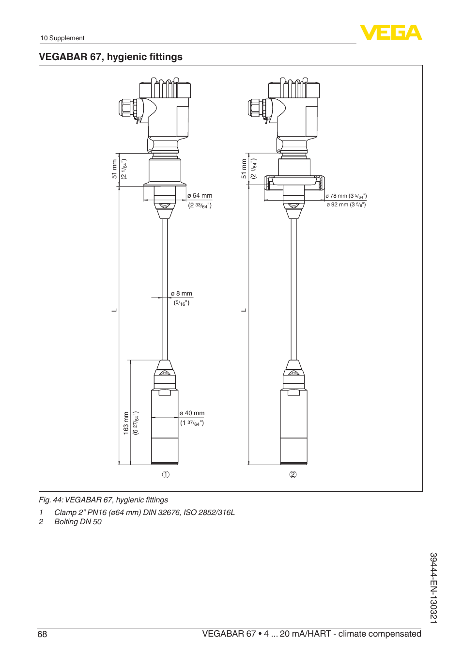 Vegabar 67, hygienic fittings | VEGA VEGABAR 67 4 … 20 mA_HART - climate compensated User Manual | Page 68 / 72