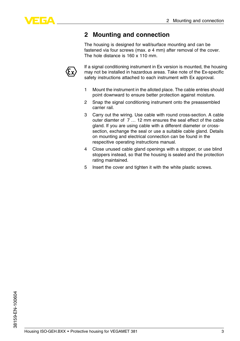 2 mounting and connection, 2mounting and connection | VEGA Housing ISO-GEH.BXX for VEGAMET 381 User Manual | Page 3 / 8