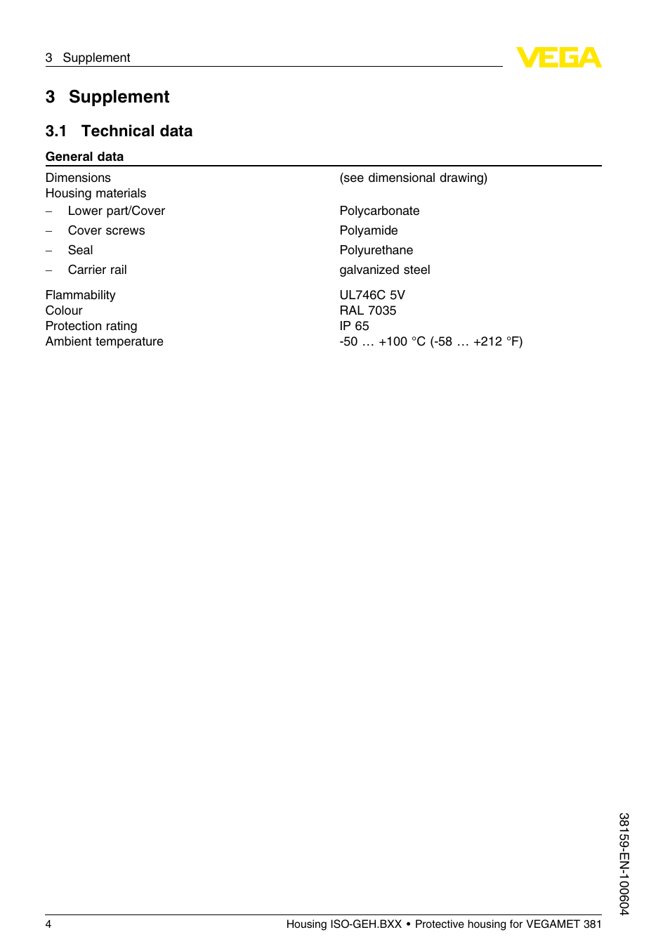 3 supplement, 1 technical data, 3supplement | VEGA Housing ISO-GEH.BXX for VEGAMET 381 User Manual | Page 4 / 8