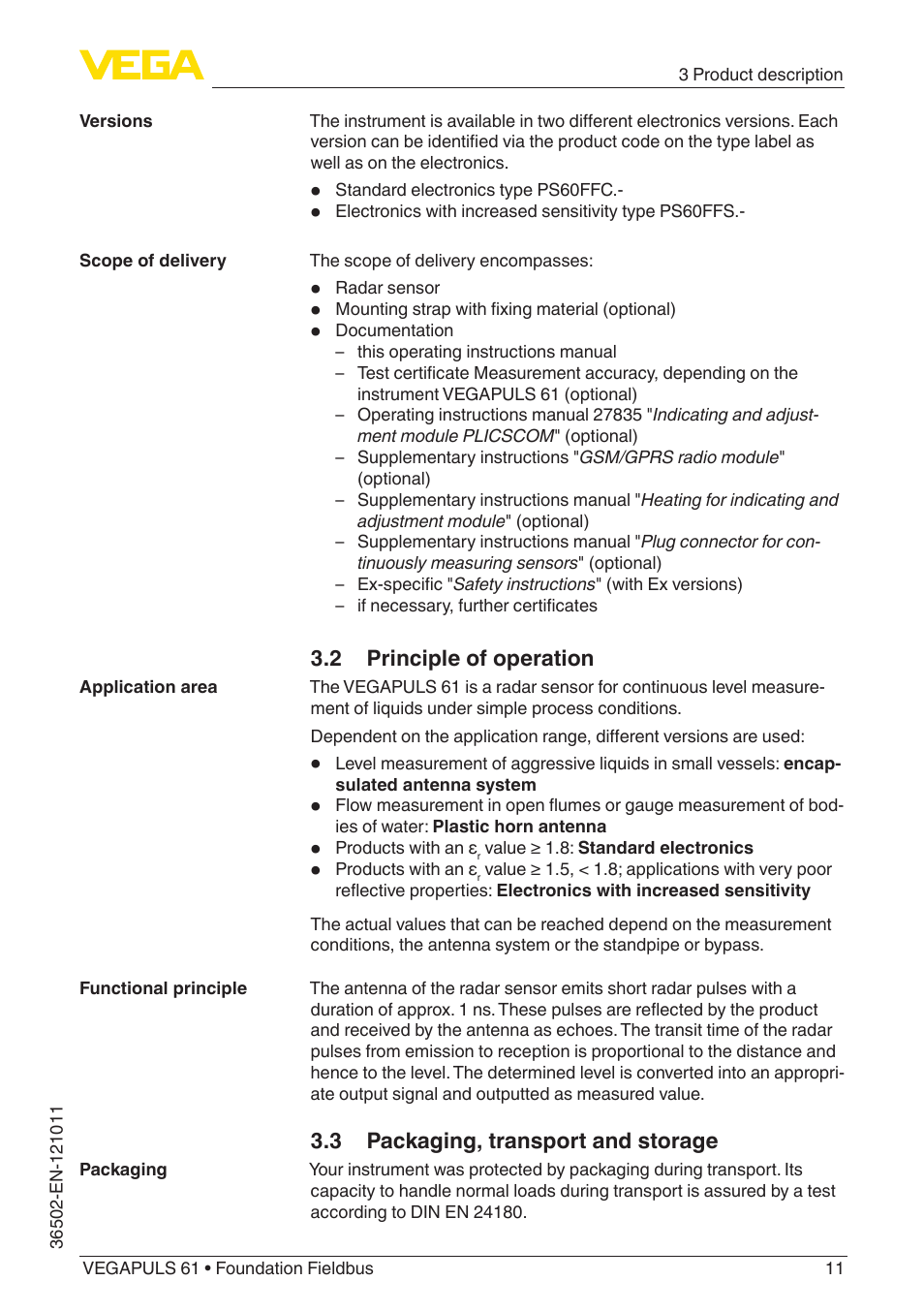2 principle of operation, 3 packaging, transport and storage | VEGA VEGAPULS 61 (≥ 2.0.0 - ≥ 4.0.0) Foundation Fieldbus User Manual | Page 11 / 88