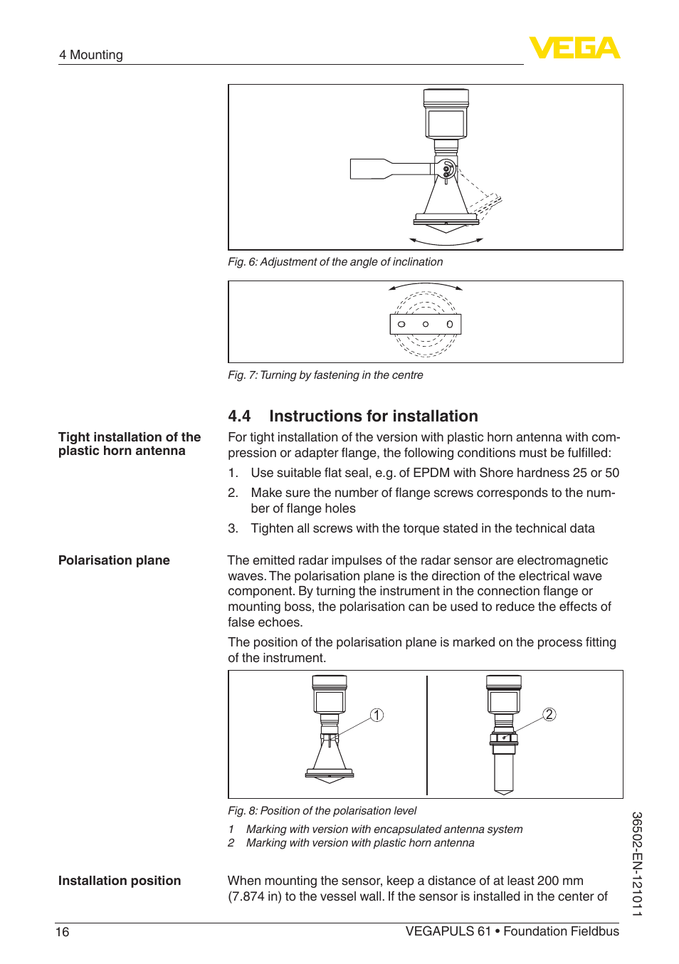 4 instructions for installation | VEGA VEGAPULS 61 (≥ 2.0.0 - ≥ 4.0.0) Foundation Fieldbus User Manual | Page 16 / 88