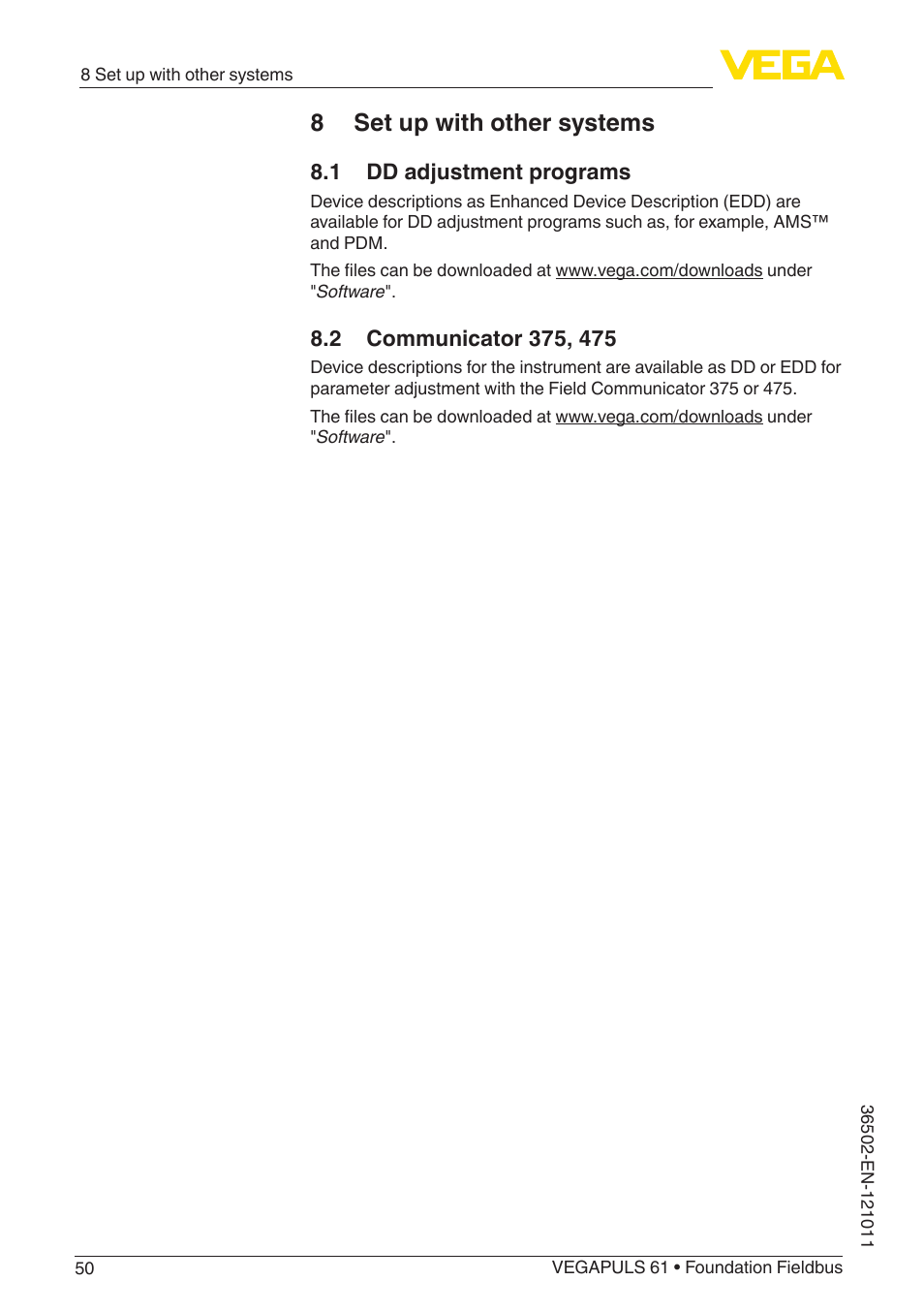 8 set up with other systems, 1 dd adjustment programs, 2 communicator 375, 475 | VEGA VEGAPULS 61 (≥ 2.0.0 - ≥ 4.0.0) Foundation Fieldbus User Manual | Page 50 / 88