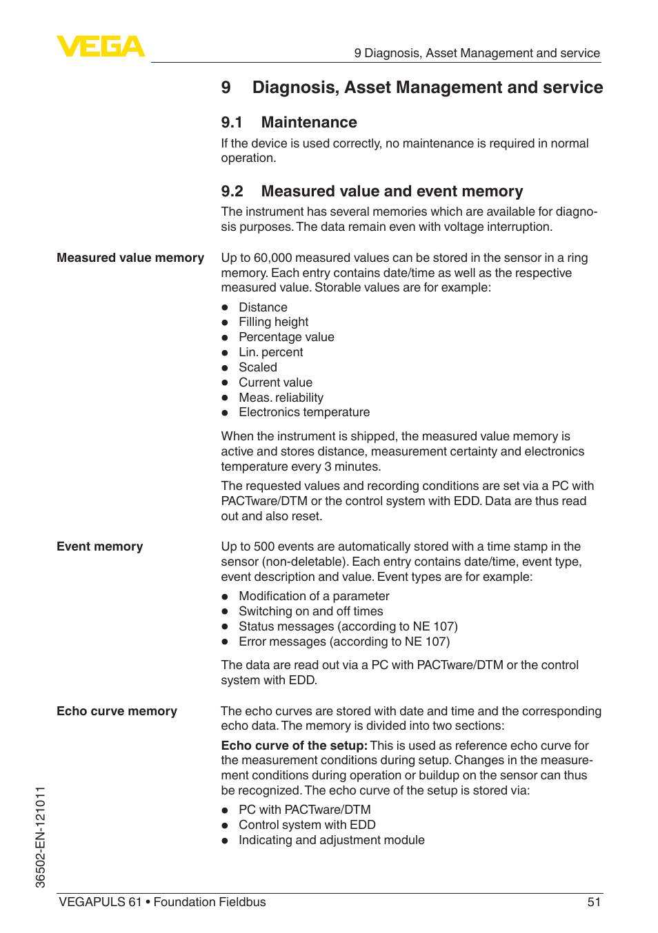 9 diagnosis, asset management and service, 1 maintenance, 2 measured value and event memory | VEGA VEGAPULS 61 (≥ 2.0.0 - ≥ 4.0.0) Foundation Fieldbus User Manual | Page 51 / 88