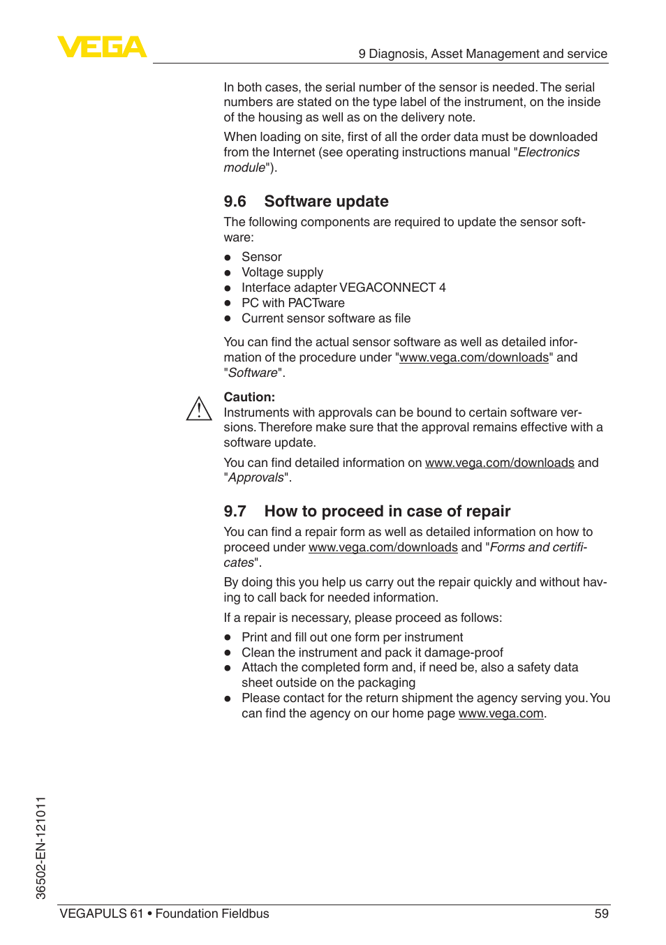 6 software update, 7 how to proceed in case of repair | VEGA VEGAPULS 61 (≥ 2.0.0 - ≥ 4.0.0) Foundation Fieldbus User Manual | Page 59 / 88