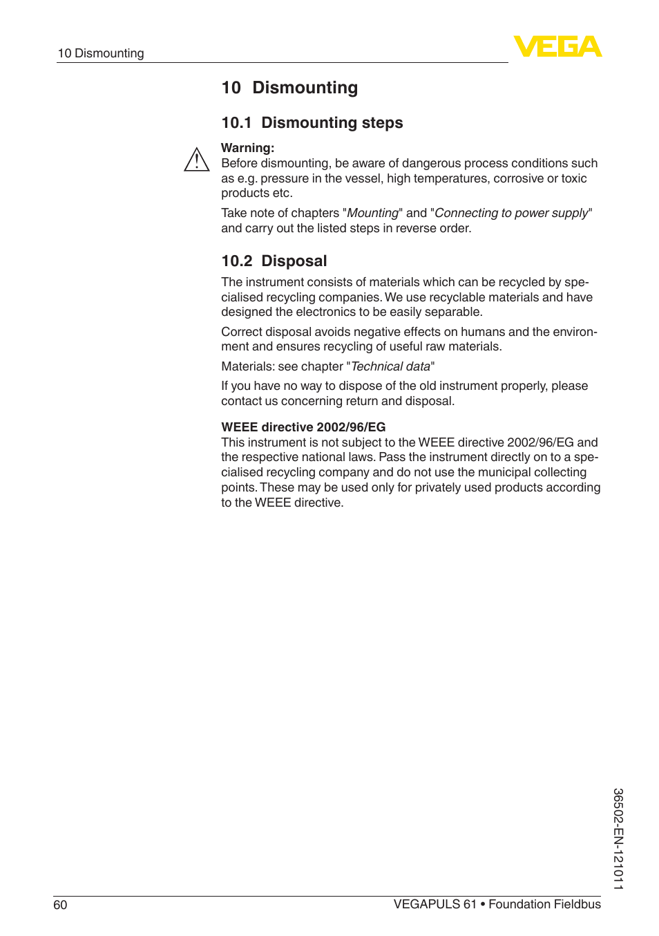 10 dismounting, 1 dismounting steps, 2 disposal | VEGA VEGAPULS 61 (≥ 2.0.0 - ≥ 4.0.0) Foundation Fieldbus User Manual | Page 60 / 88