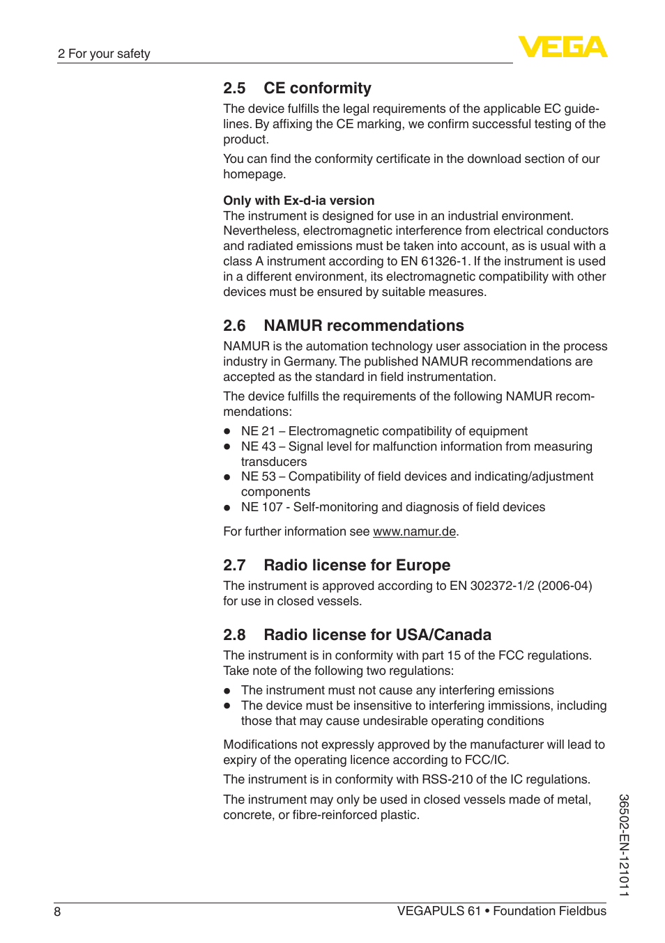 5 ce conformity, 6 namur recommendations, 7 radio license for europe | 8 radio license for usa/canada | VEGA VEGAPULS 61 (≥ 2.0.0 - ≥ 4.0.0) Foundation Fieldbus User Manual | Page 8 / 88