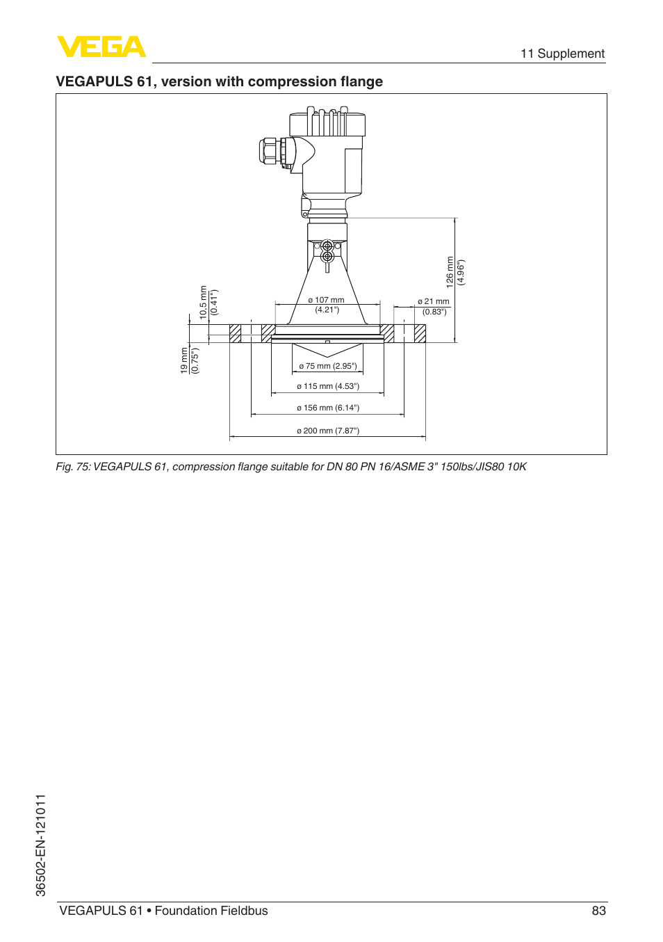 Vegapuls 61, version with compression flange | VEGA VEGAPULS 61 (≥ 2.0.0 - ≥ 4.0.0) Foundation Fieldbus User Manual | Page 83 / 88