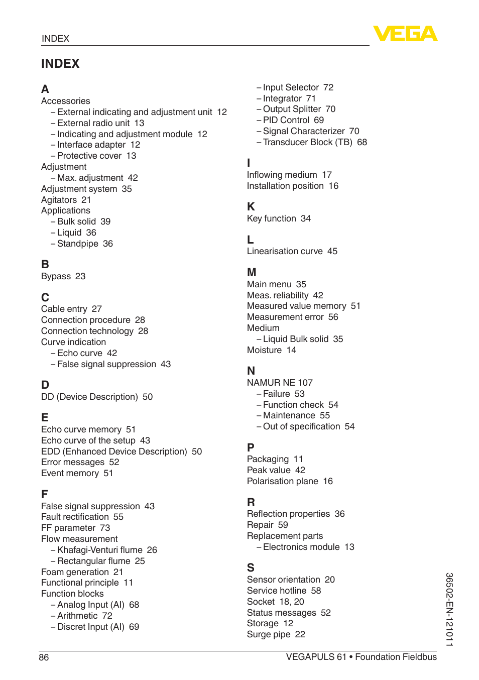 Index | VEGA VEGAPULS 61 (≥ 2.0.0 - ≥ 4.0.0) Foundation Fieldbus User Manual | Page 86 / 88