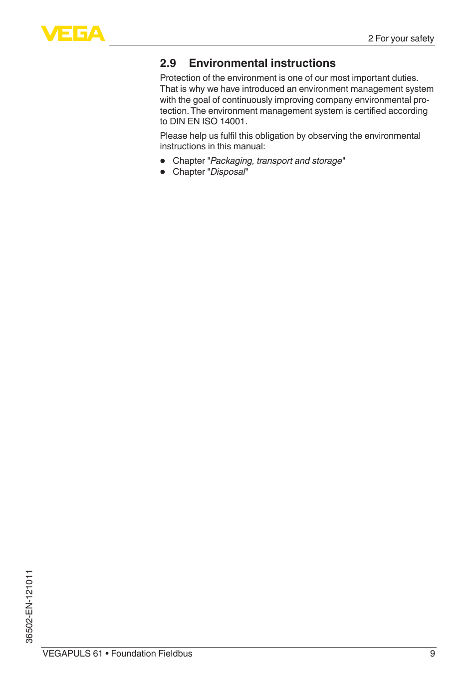 9 environmental instructions | VEGA VEGAPULS 61 (≥ 2.0.0 - ≥ 4.0.0) Foundation Fieldbus User Manual | Page 9 / 88