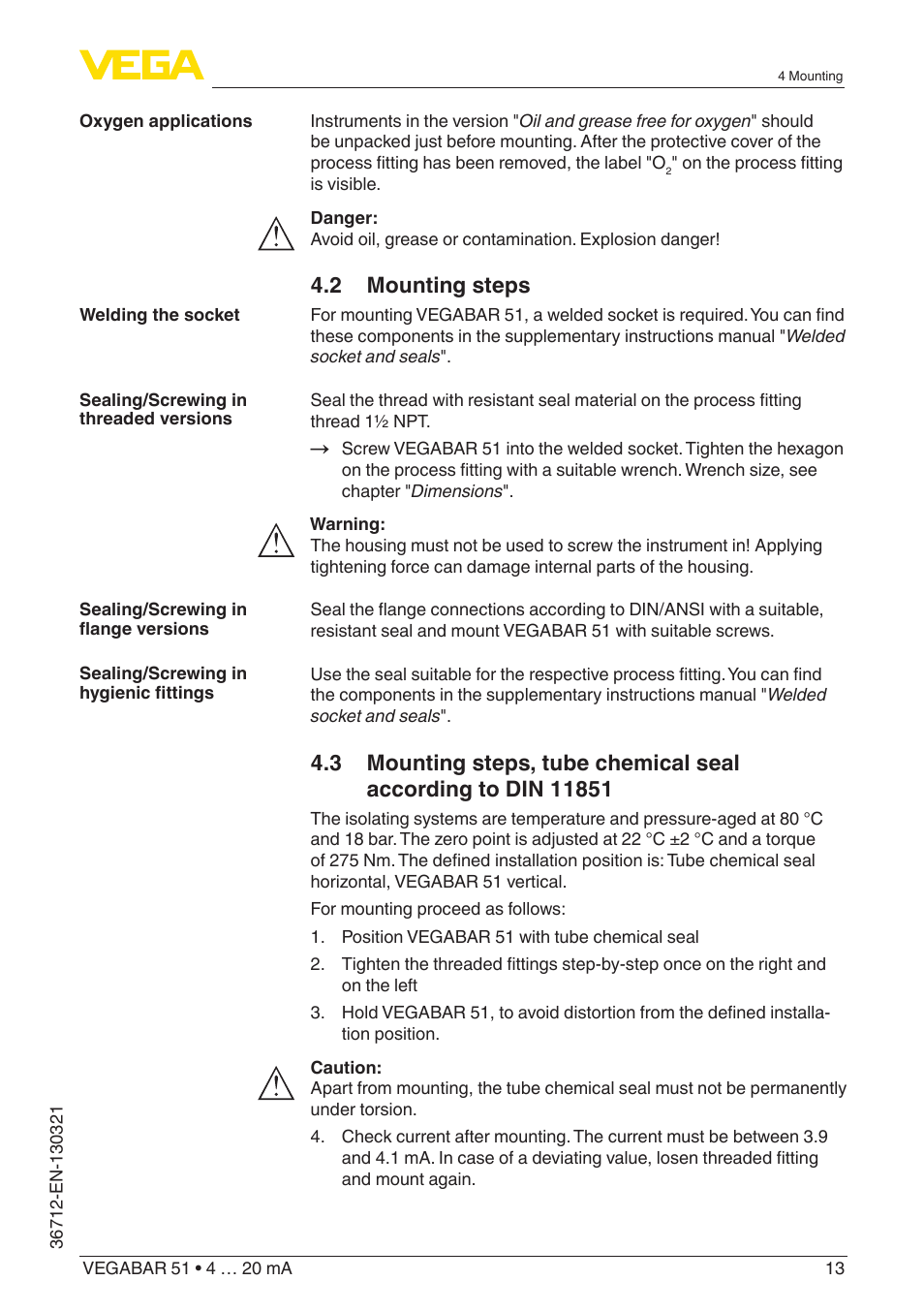 2 mounting steps | VEGA VEGABAR 51 4 … 20 mA User Manual | Page 13 / 64