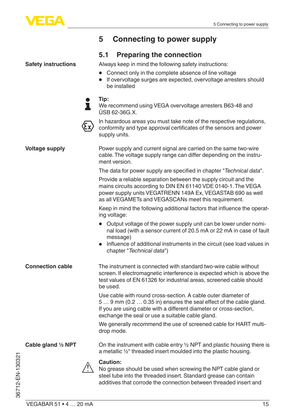 5 connecting to power supply | VEGA VEGABAR 51 4 … 20 mA User Manual | Page 15 / 64