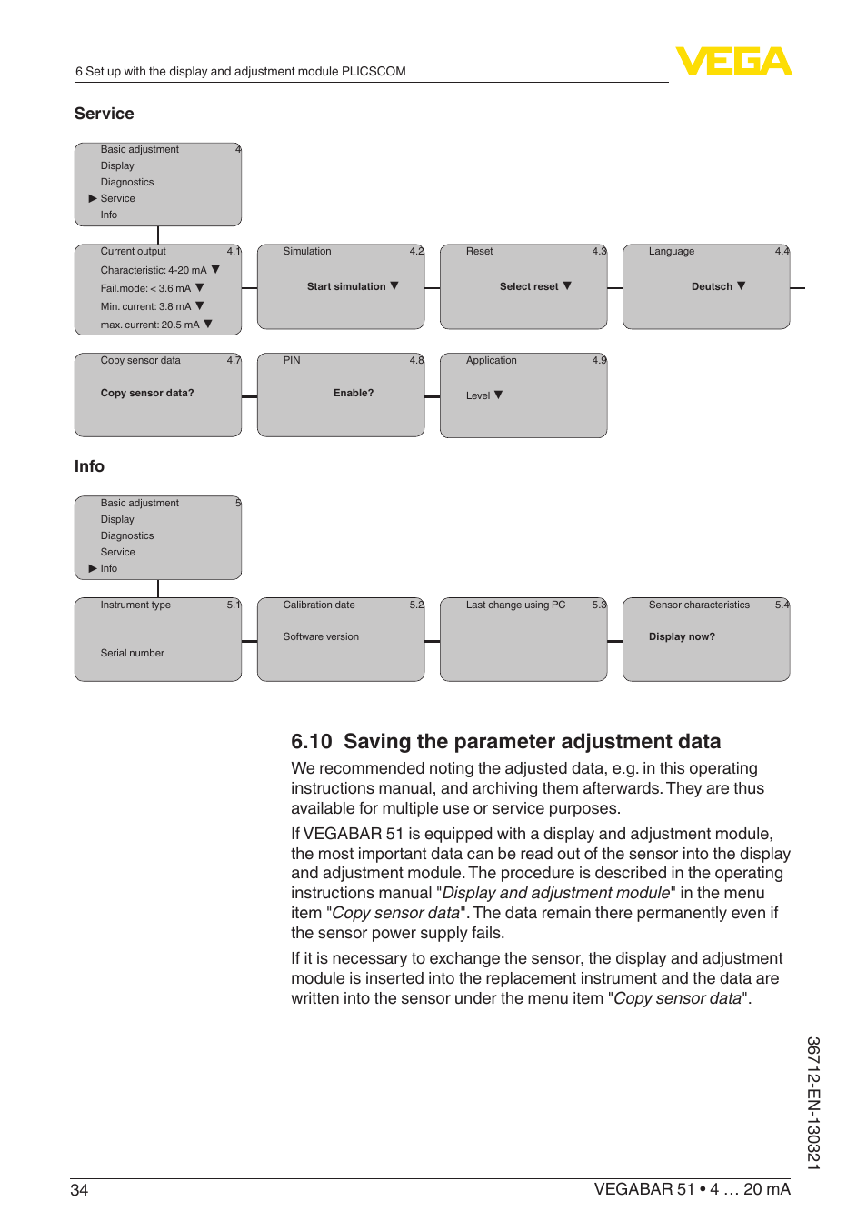 10 saving the parameter adjustment data, Info | VEGA VEGABAR 51 4 … 20 mA User Manual | Page 34 / 64