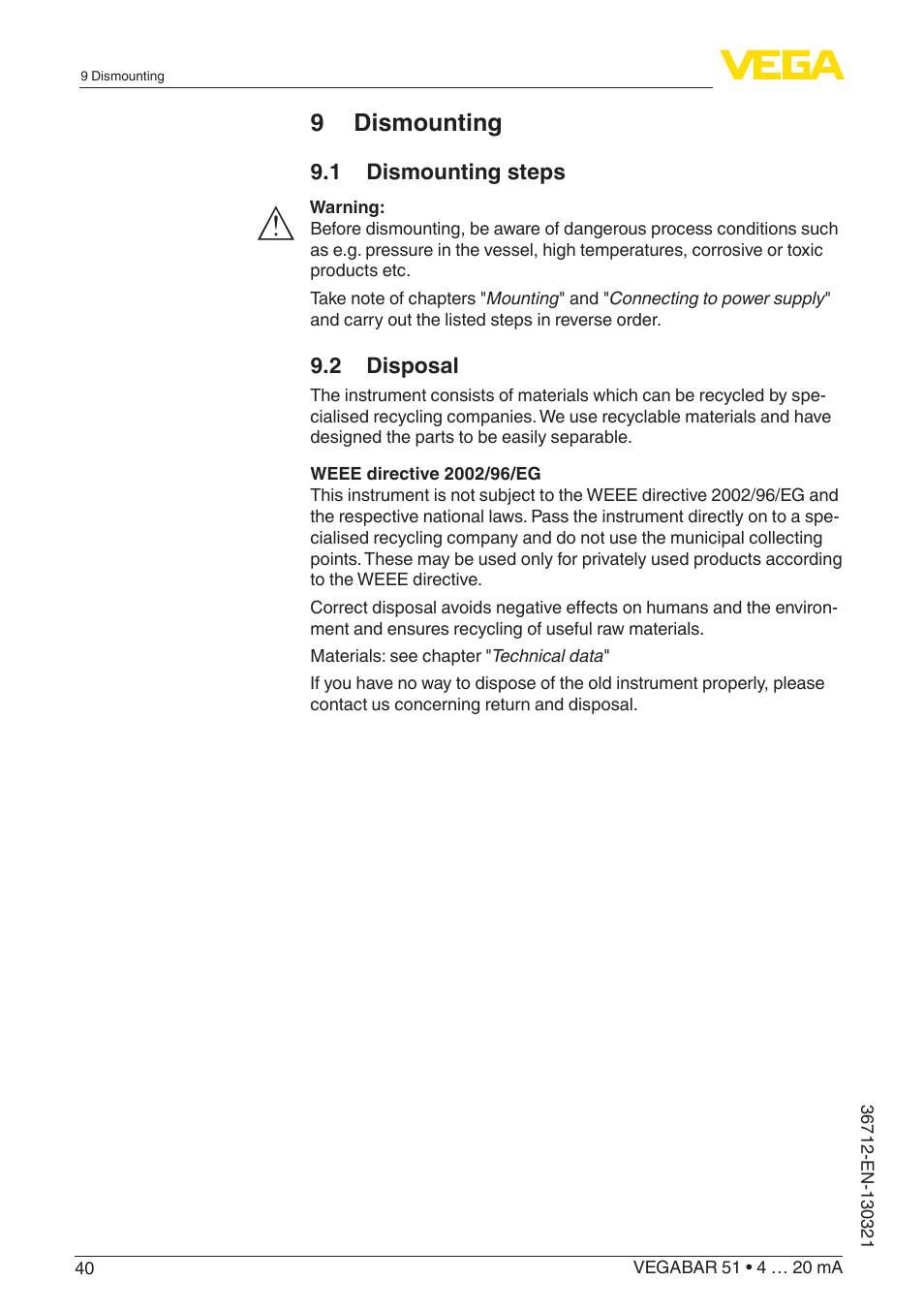 9 dismounting, 1 dismounting steps, 2 disposal | VEGA VEGABAR 51 4 … 20 mA User Manual | Page 40 / 64