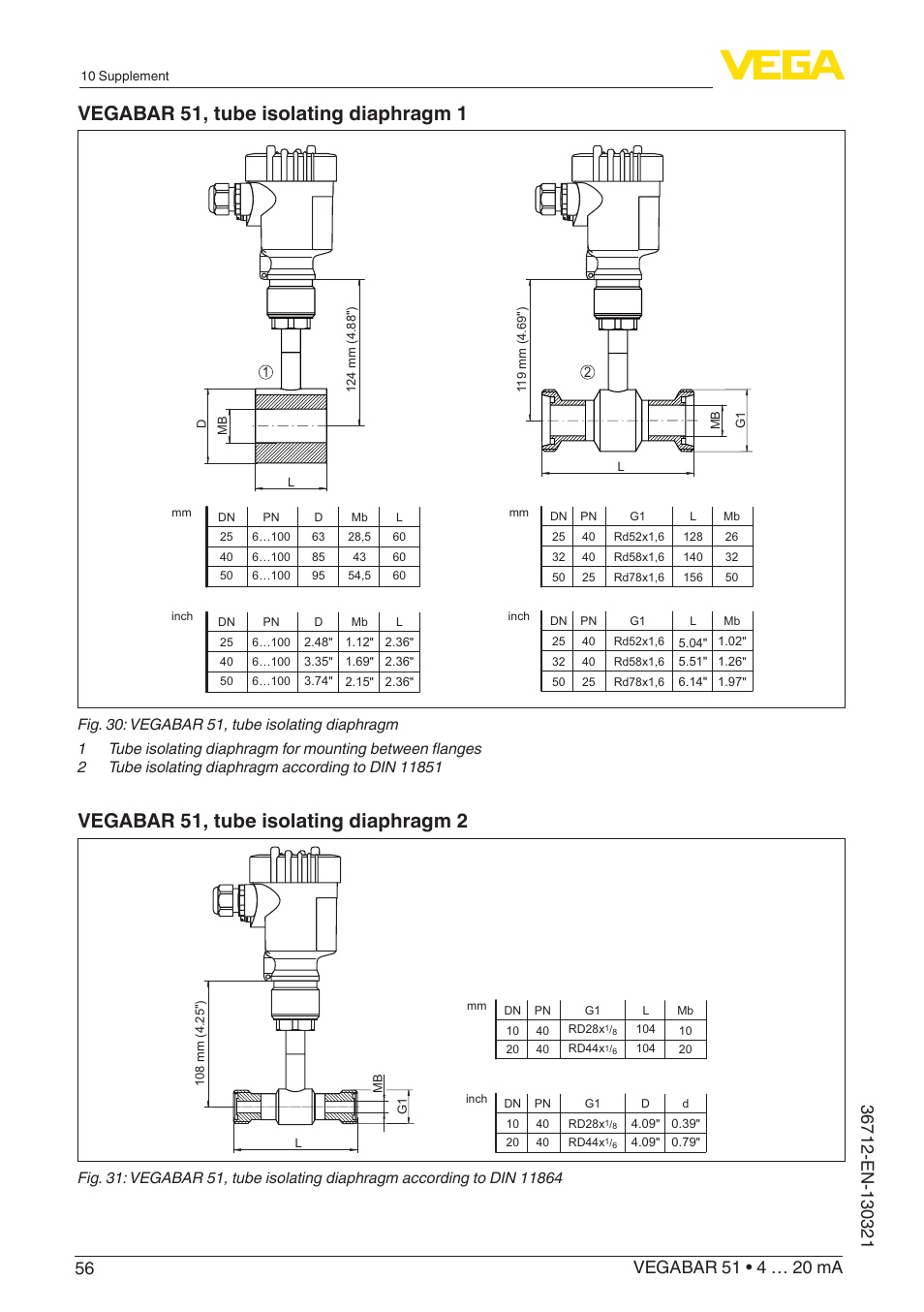 Vegabar 51, tube isolating diaphragm 1, Vegabar 51, tube isolating diaphragm 2 | VEGA VEGABAR 51 4 … 20 mA User Manual | Page 56 / 64