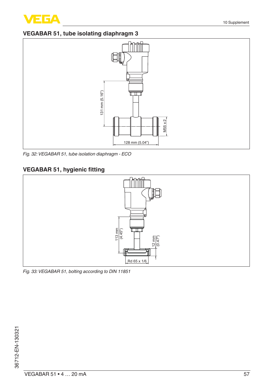 Vegabar 51, tube isolating diaphragm 3, Vegabar 51, hygienic fitting | VEGA VEGABAR 51 4 … 20 mA User Manual | Page 57 / 64