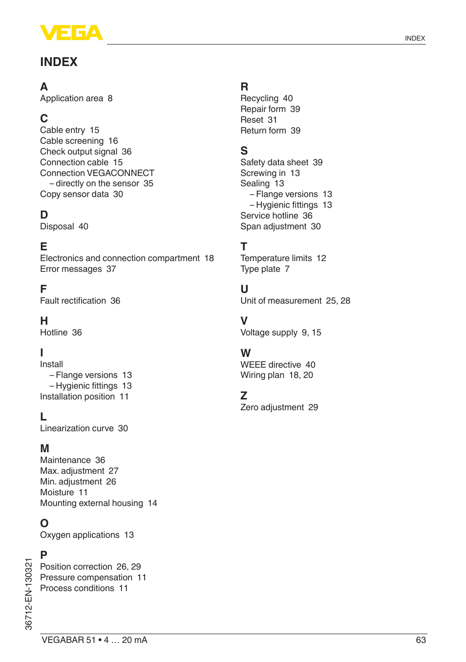 Index | VEGA VEGABAR 51 4 … 20 mA User Manual | Page 63 / 64