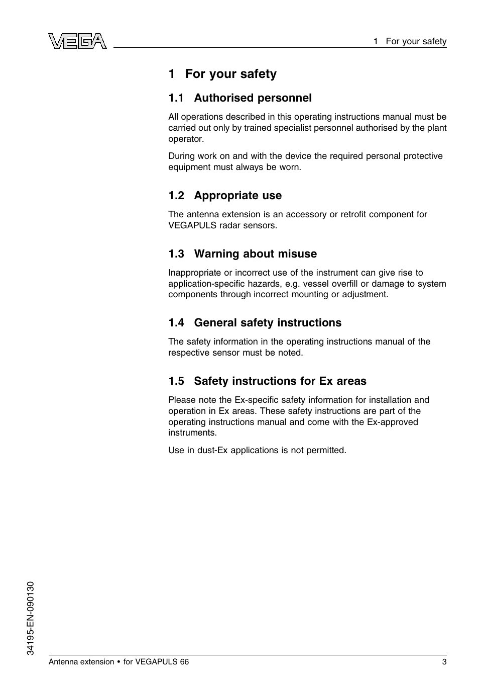 1 for your safety, 1 authorised personnel, 2 appropriate use | 3 warning about misuse, 4 general safety instructions, 5 safety instructions for ex areas, 1for your safety | VEGA VEGAPULS 66 Antenna extension User Manual | Page 3 / 20