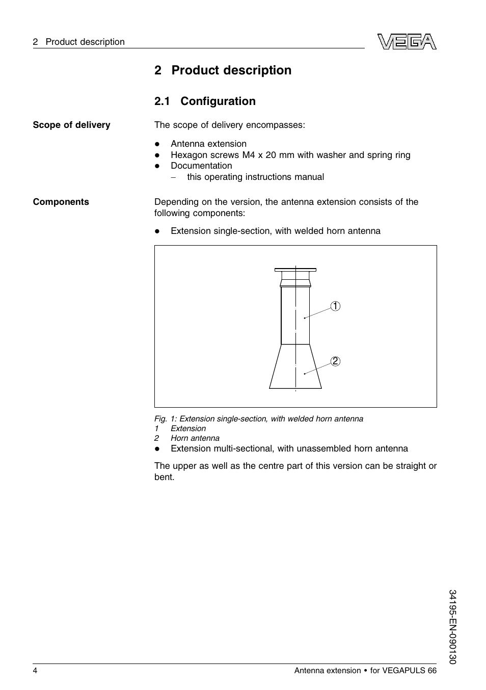 2 product description, 1 configuration, 2product description | 1 c onﬁguration | VEGA VEGAPULS 66 Antenna extension User Manual | Page 4 / 20