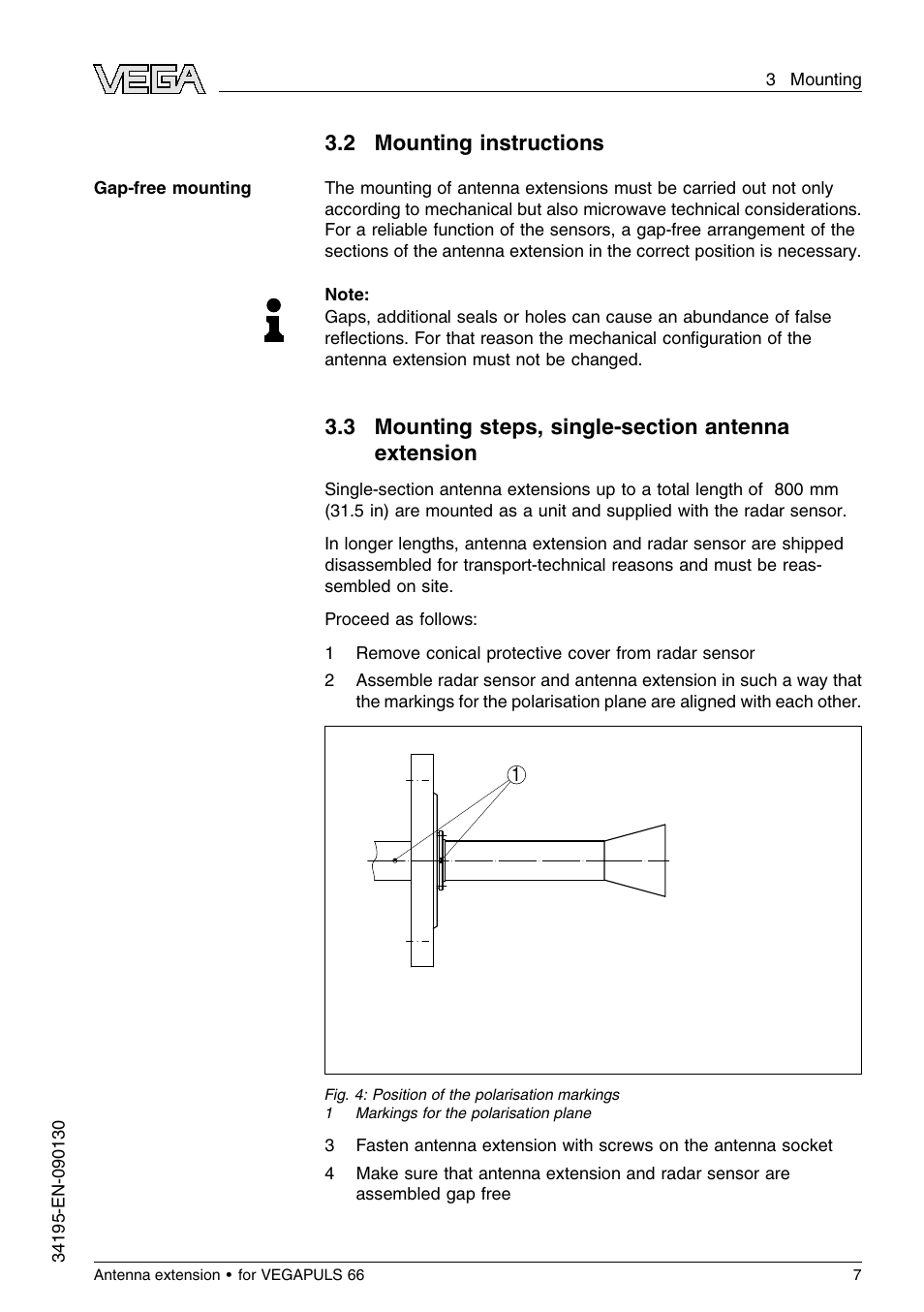 2 mounting instructions, 3 mounting steps, single–section antenna extension, 2 m ounting instructions | VEGA VEGAPULS 66 Antenna extension User Manual | Page 7 / 20