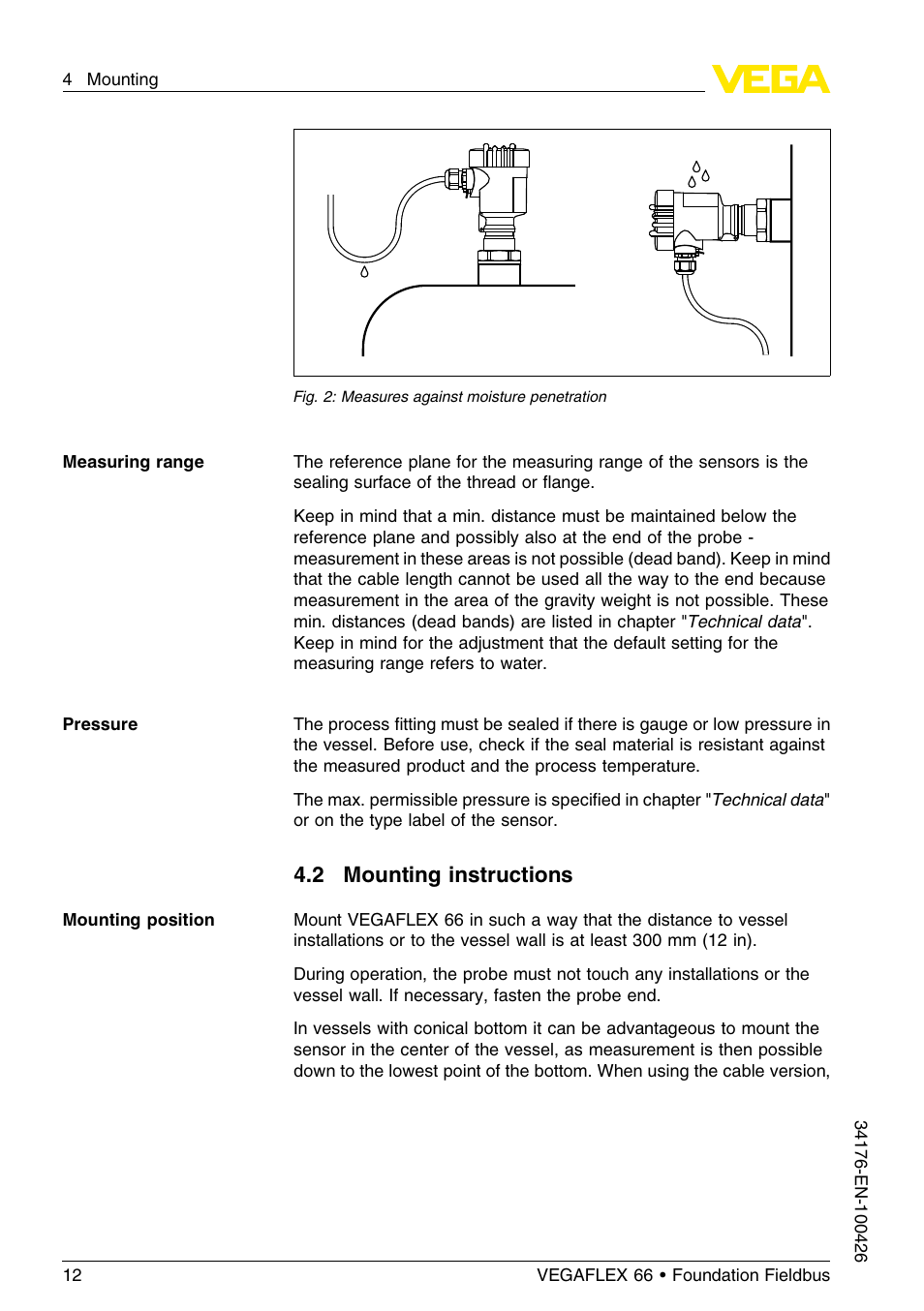 2 mounting instructions | VEGA VEGAFLEX 66 (-200…+400°C) Foundation Fieldbus User Manual | Page 12 / 68