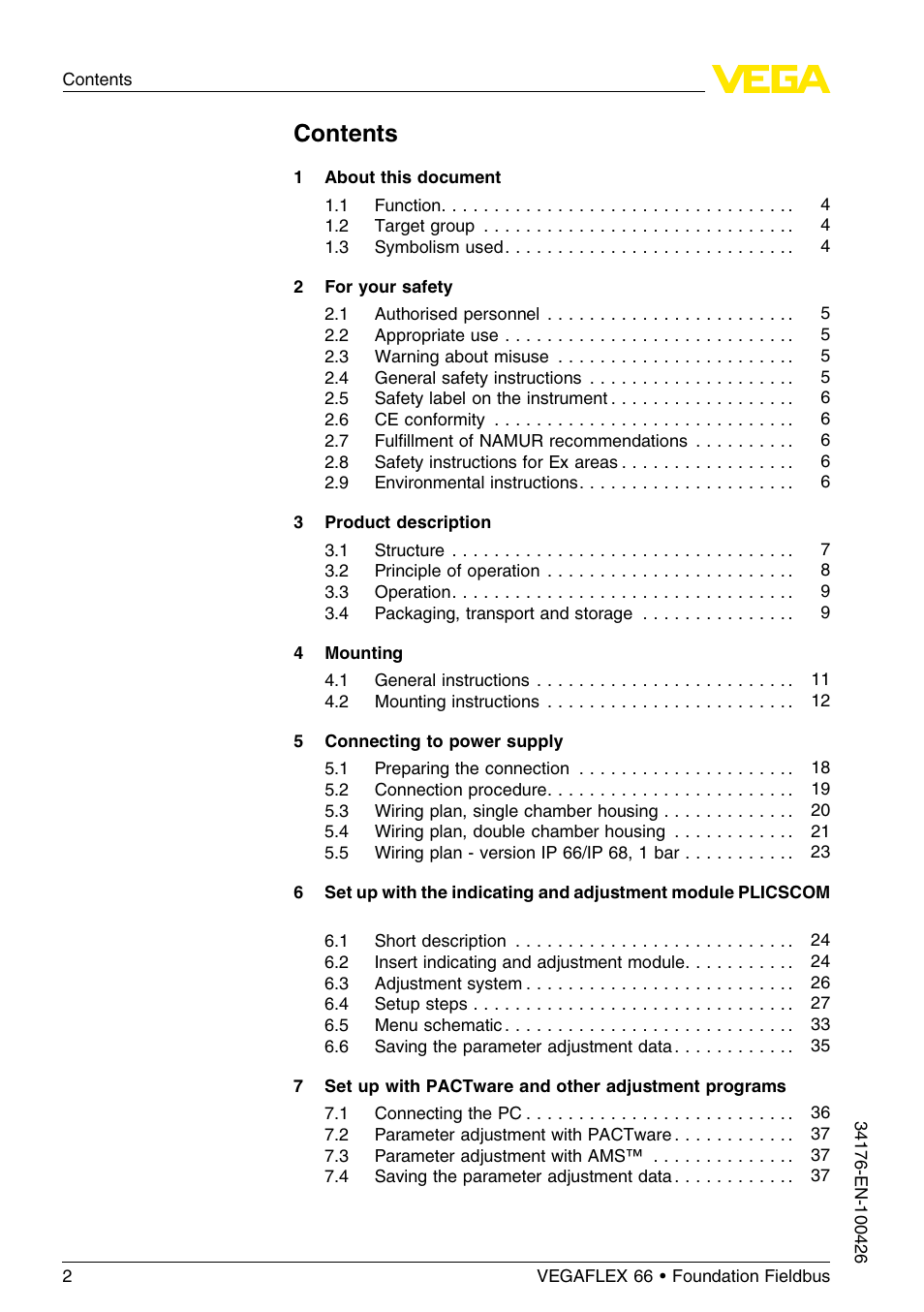 VEGA VEGAFLEX 66 (-200…+400°C) Foundation Fieldbus User Manual | Page 2 / 68