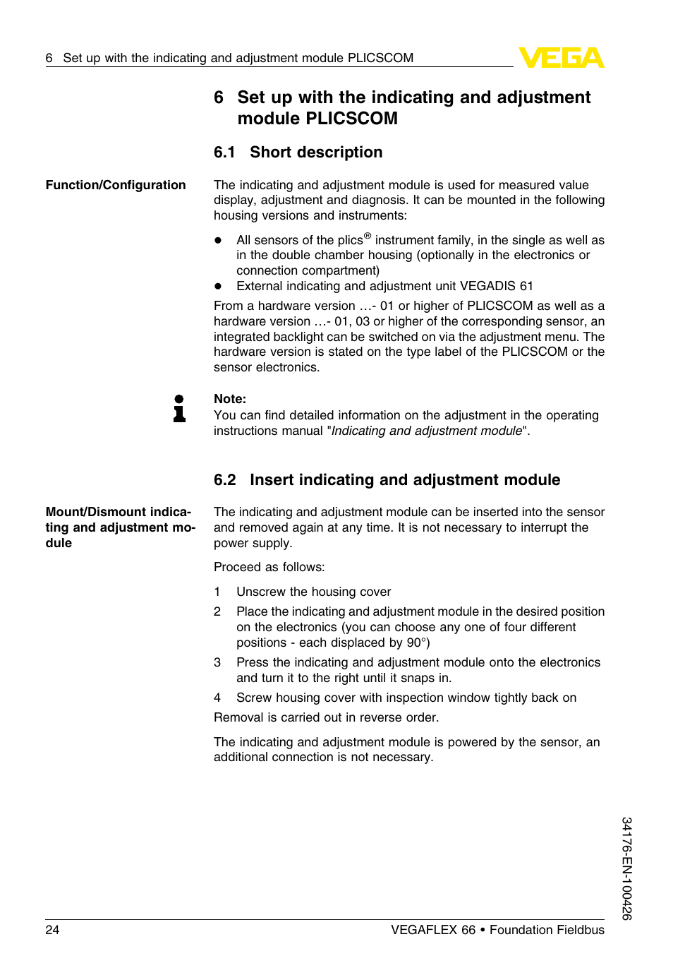 1 short description, 2 insert indicating and adjustment module | VEGA VEGAFLEX 66 (-200…+400°C) Foundation Fieldbus User Manual | Page 24 / 68