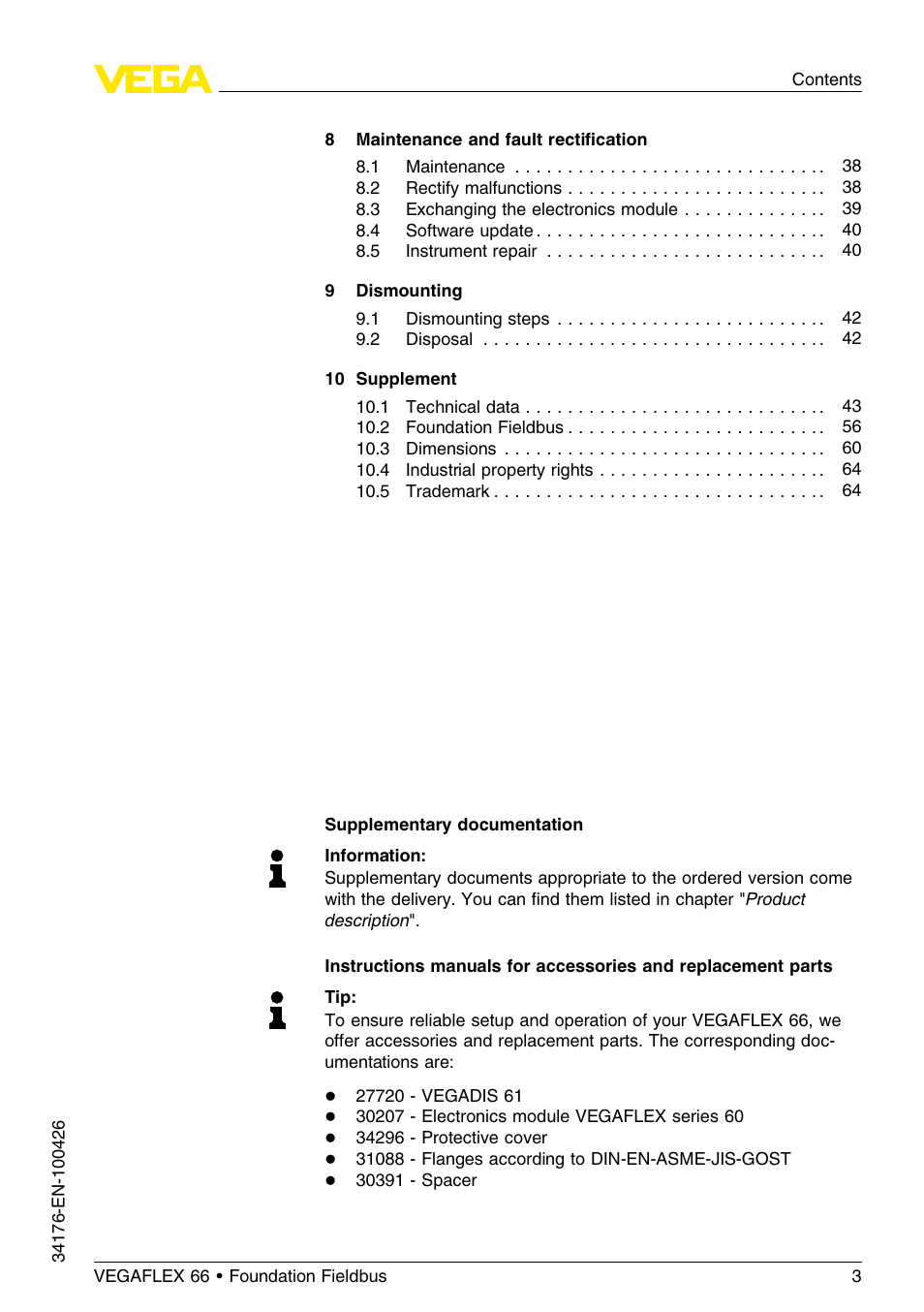 VEGA VEGAFLEX 66 (-200…+400°C) Foundation Fieldbus User Manual | Page 3 / 68