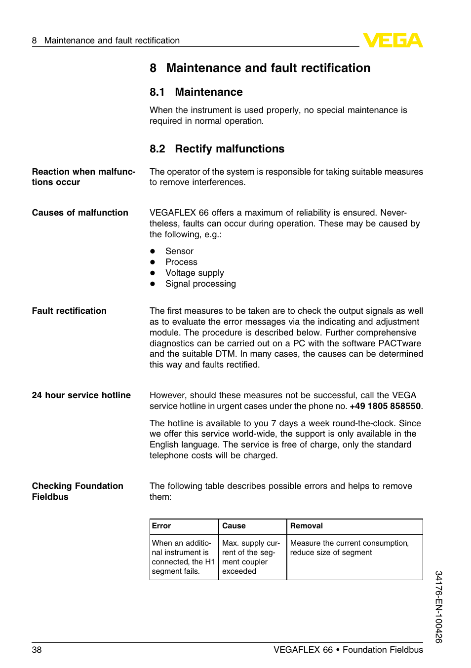 8 maintenance and fault rectification, 1 maintenance, 2 rectify malfunctions | 8maintenance and fault rectiﬁcation | VEGA VEGAFLEX 66 (-200…+400°C) Foundation Fieldbus User Manual | Page 38 / 68