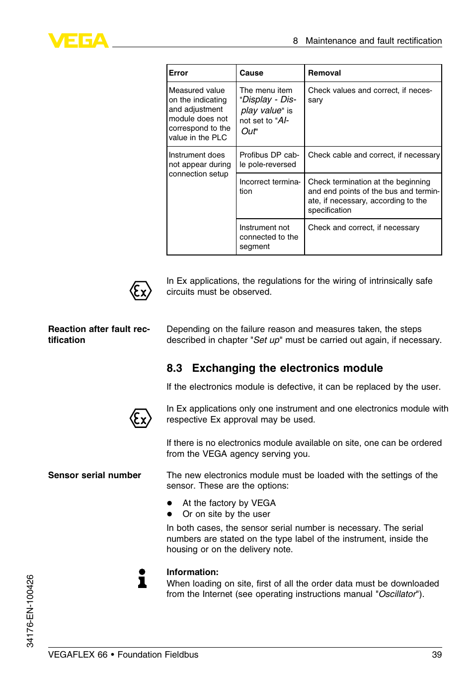 3 exchanging the electronics module | VEGA VEGAFLEX 66 (-200…+400°C) Foundation Fieldbus User Manual | Page 39 / 68