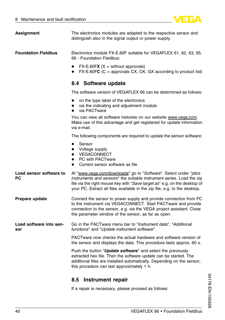 4 software update, 5 instrument repair | VEGA VEGAFLEX 66 (-200…+400°C) Foundation Fieldbus User Manual | Page 40 / 68