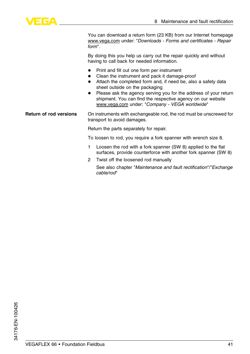 VEGA VEGAFLEX 66 (-200…+400°C) Foundation Fieldbus User Manual | Page 41 / 68