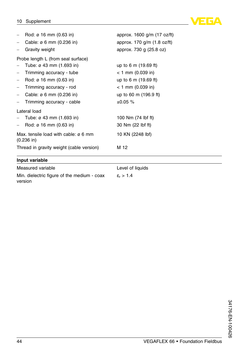 VEGA VEGAFLEX 66 (-200…+400°C) Foundation Fieldbus User Manual | Page 44 / 68