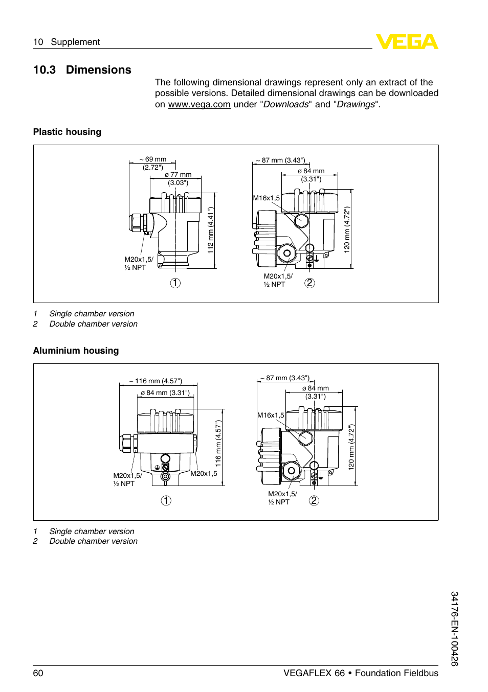 3 dimensions, 10 .3 dimensions | VEGA VEGAFLEX 66 (-200…+400°C) Foundation Fieldbus User Manual | Page 60 / 68