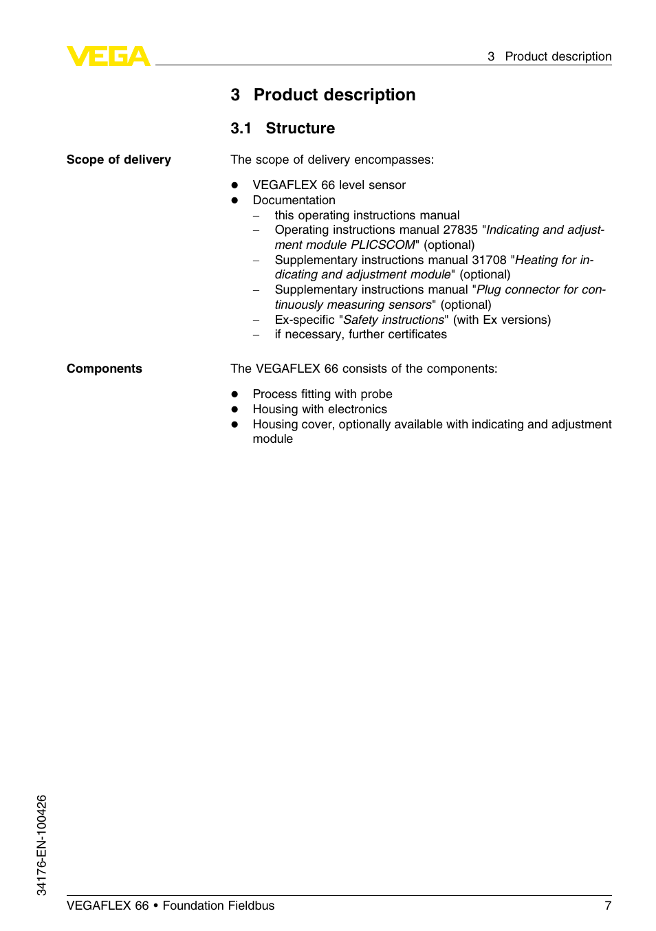 3 product description, 1 structure, 3product description | VEGA VEGAFLEX 66 (-200…+400°C) Foundation Fieldbus User Manual | Page 7 / 68