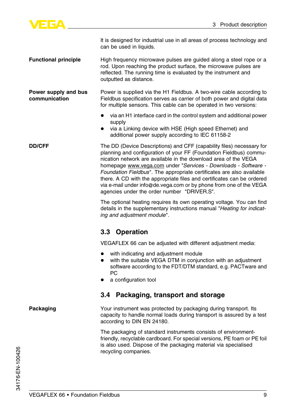 3 operation, 4 packaging, transport and storage | VEGA VEGAFLEX 66 (-200…+400°C) Foundation Fieldbus User Manual | Page 9 / 68