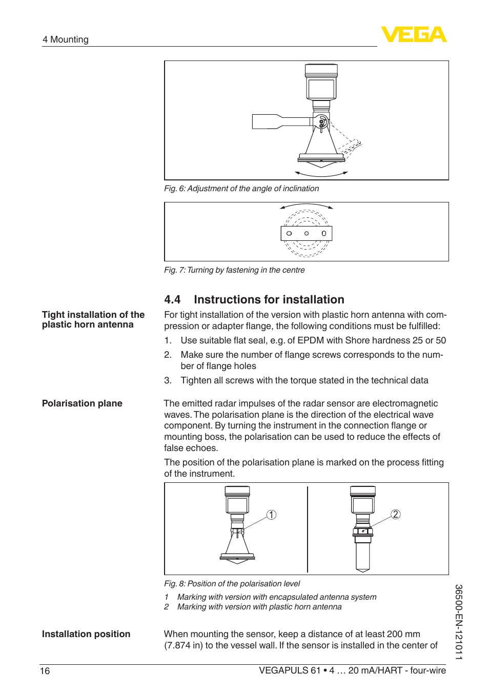 4 instructions for installation | VEGA VEGAPULS 61 (≥ 2.0.0 - ≥ 4.0.0) 4 … 20 mA_HART - four-wire User Manual | Page 16 / 76