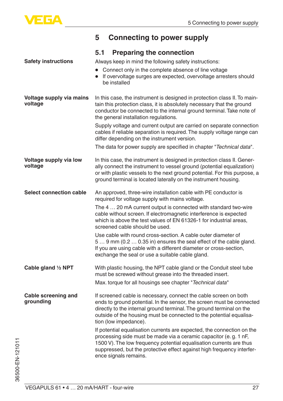 5 connecting to power supply, 1 preparing the connection | VEGA VEGAPULS 61 (≥ 2.0.0 - ≥ 4.0.0) 4 … 20 mA_HART - four-wire User Manual | Page 27 / 76